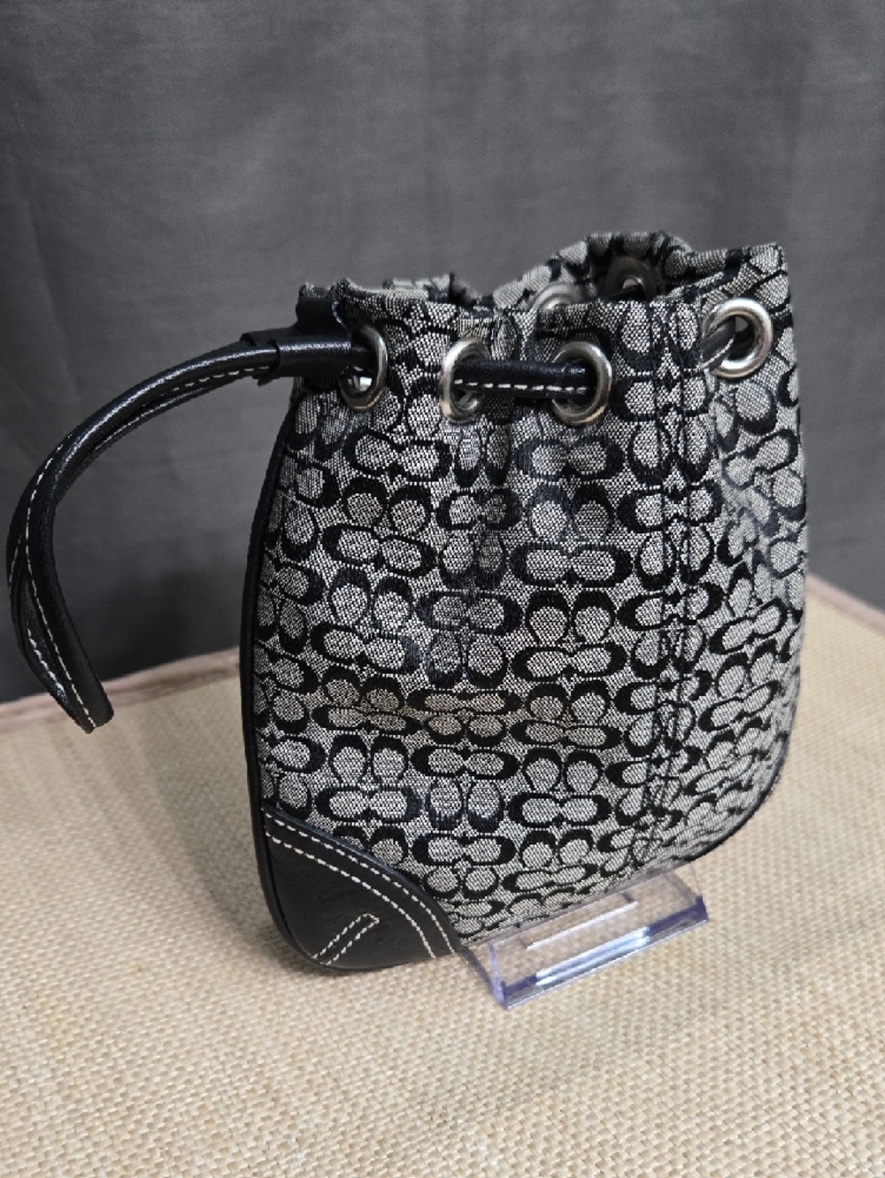 Like New! Coach Black & Gray Signature Drawstring Mini Bag - Picture 3 of 12